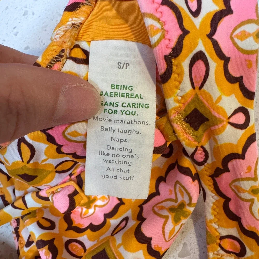 Aerie Real Good Scoop Bikini Top Retro Floral Orange Pink Small 984407628